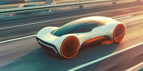 Accelerating into Tomorrow: A Sleek Futuristic Car Harmonizes with Its Surroundings on the Bustling Highway