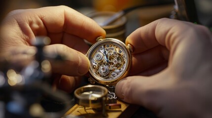 A man is focused on repairing a watch in a workshop, surrounded by tools and equipment.