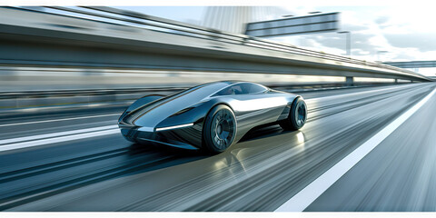 Accelerating into Tomorrow: A Sleek Futuristic Car Harmonizes with Its Surroundings on the Bustling Highway