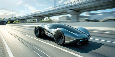 Fototapeta premium Accelerating into Tomorrow: A Sleek Futuristic Car Harmonizes with Its Surroundings on the Bustling Highway