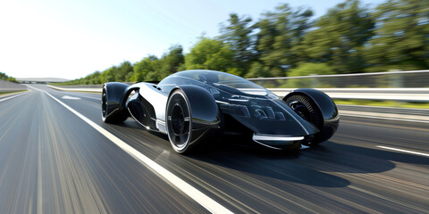 Accelerating into Tomorrow: A Sleek Futuristic Car Harmonizes with Its Surroundings on the Bustling Highway