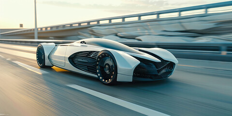 A futuristic car speeds down the highway, its sleek design blending seamlessly with the environment. 