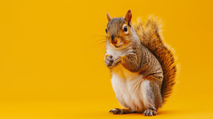 Squirrel Standing Upright with Paws Together, Looking Curious and Alert, Against a Vivid Yellow Background. Funny animal for banner, flyer, poster, card with copy space