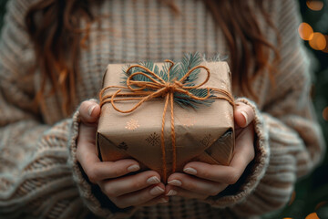 Caja de regalo envuelta en papel marr&oacute;n con una rama de un abeto de decoraci&oacute;n, recurso gr&aacute;fico