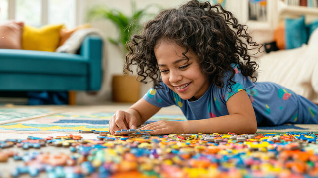 Cheerful Young Middle Eastern Girl Assembling Puzzle Pieces on a Carpeted Floor, Showing Concentration and Joy in a Bright Living Room
