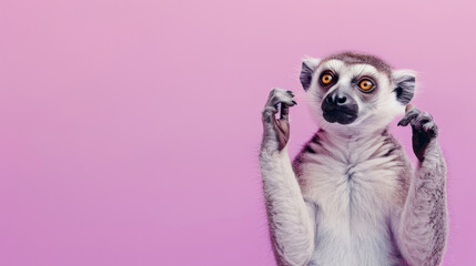Fototapeta premium A Startled Lemur with Claws Poised, Featuring Wide, Round Eyes Full of Surprise, against a Soft Pink Background
