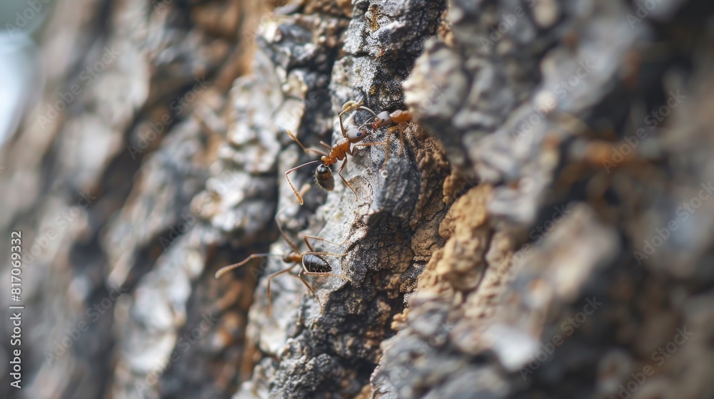 Poster ants climbing up a tree trunk, with the rough bark providing a textured background.