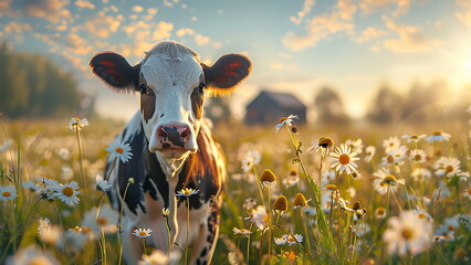 cow stands in the spring field with daisy flower