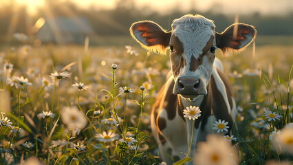 cow stands in the spring field with daisy flower