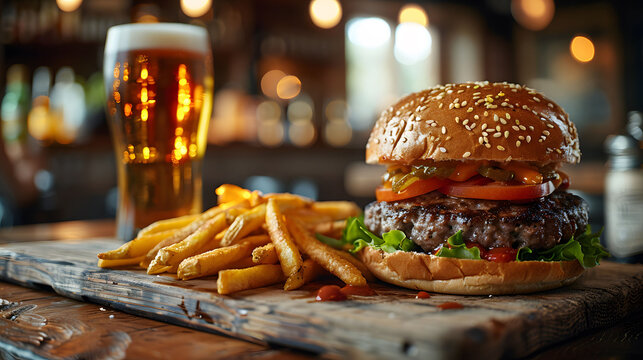 Macro shot of a beer and a burger with homemade french fries on a wood counter in a pub , food photography.