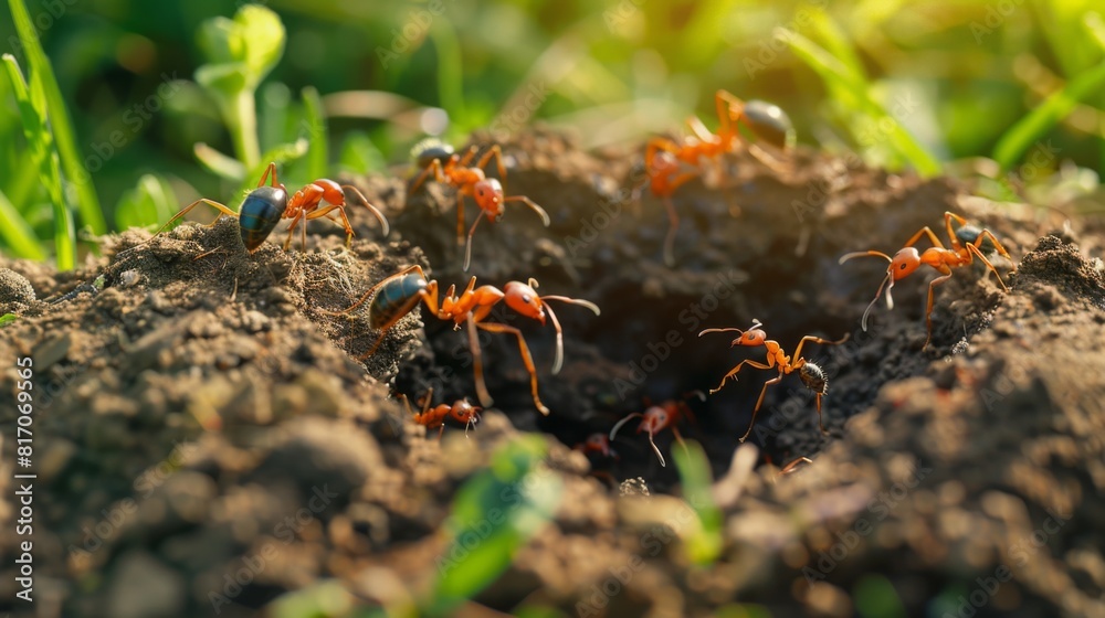 Poster Ants constructing an anthill in a garden, with visible tunnels and busy workers moving soil.