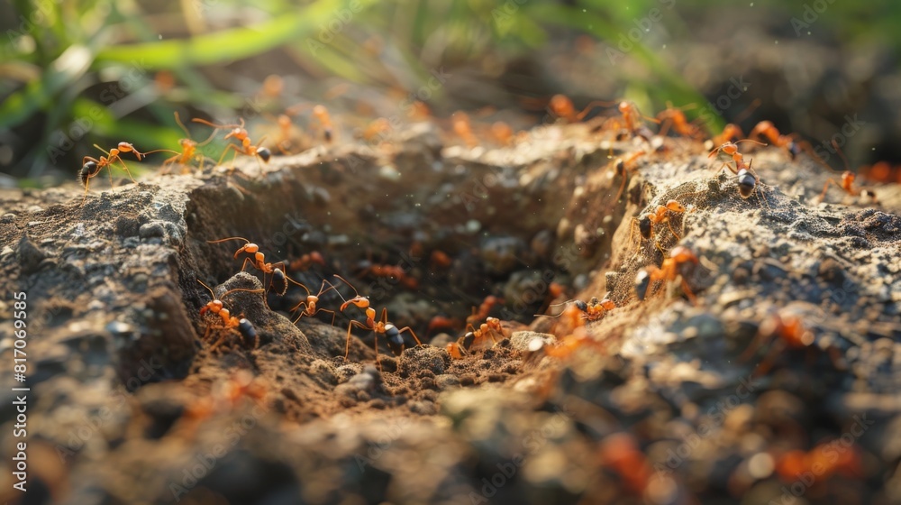 Poster Ants constructing an anthill in a garden, with visible tunnels and busy workers moving soil.