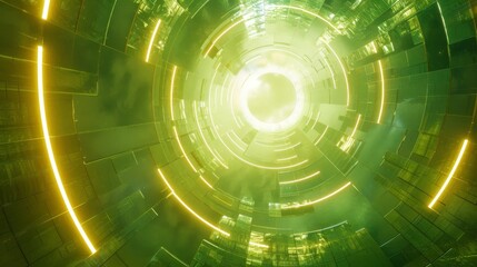 The image is a glowing green tunnel with a bright light at the end. The tunnel is made of concentric circles and has a yellow glow on one side.