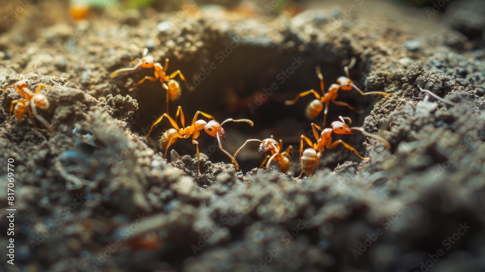 Poster Ants constructing an anthill in a garden, with visible tunnels and busy workers moving soil.