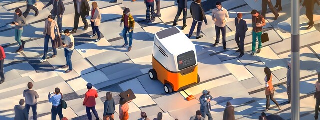 Obraz premium D of a D Rendering Delivery Robot Navigating a Bustling Pedestrian Plaza