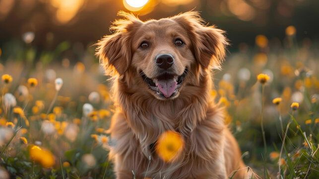 Perro marr&oacute;n en el campo con el sol iluminando su pelo