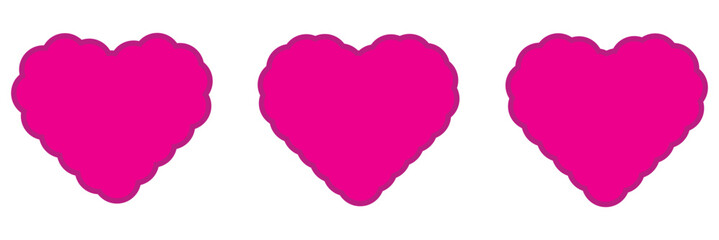 Scalloped Edge Stitched Heart Frame Badge Set. Simple label sticker template. Cute Valentines Day frill ornament. Vector illustration isolated on white background.