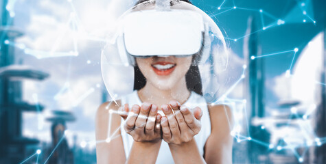 Female standing wearing white VR headset and white sleeveless connecting metaverse, future...