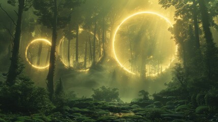 The image is showing a mystical forest with a glowing yellow portal. It is surrounded by tall trees and a thick layer of mist.