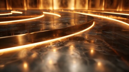 The image is showing a closeup of a shiny metal floor with glowing yellow lines.