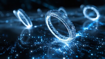 The image is showing glowing blue rings floating in the dark. The rings are made of light and have a glowing effect. The background is dark and has a starry effect.