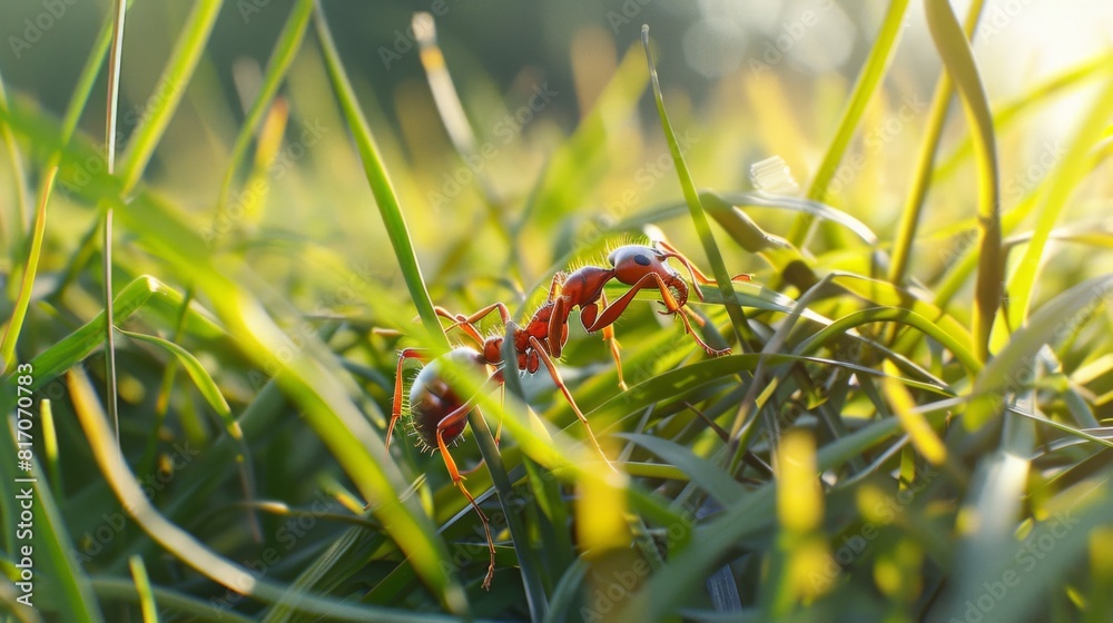 Poster ants navigating through blades of grass, providing a sense of scale and their interaction with the e