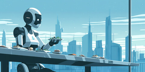 Obraz premium Ethereal Cityscape: Cyberpunk Serenity Unfolds as Robotic Pinnacle of Service