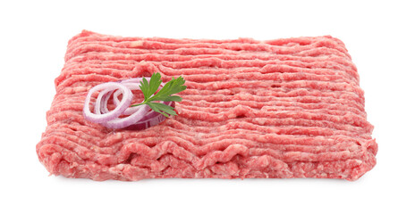 Raw ground meat, onion and parsley isolated on white