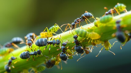 Obraz premium Ants interacting with aphids on a plant stem, illustrating their symbiotic relationship.