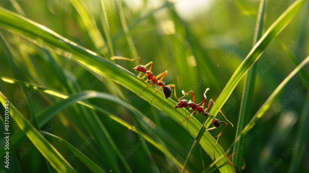 Poster ants navigating through blades of grass, providing a sense of scale and their interaction with the e