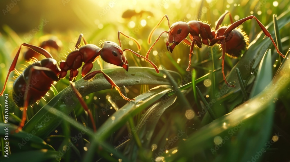 Poster ants navigating through blades of grass, providing a sense of scale and their interaction with the e
