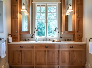 Beautiful wooden bathroom cabinets with a double sink and window above the vanity in a modern home interior design of a traditional bedroom, with soft lighting from hanging lights