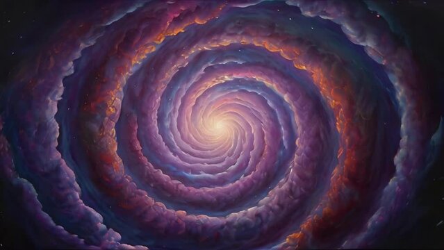 Abstract Spiral Galaxy. A mesmerizingly mysterious singularity event with a lilac hue, a swirling vortex of unknown energy suspended in a timeless acrylic painting. The main subject is a mysterious co