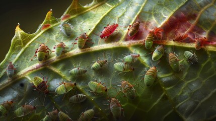 Aphids clustering on the underside of a leaf, illustrating their role in the ecosystem.