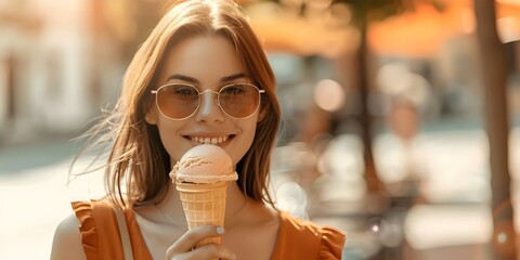 American woman in her youth delighting in gelato outdoors in the city on a sunny summer day. Concept Summer, Gelato, City, Youth, Joy