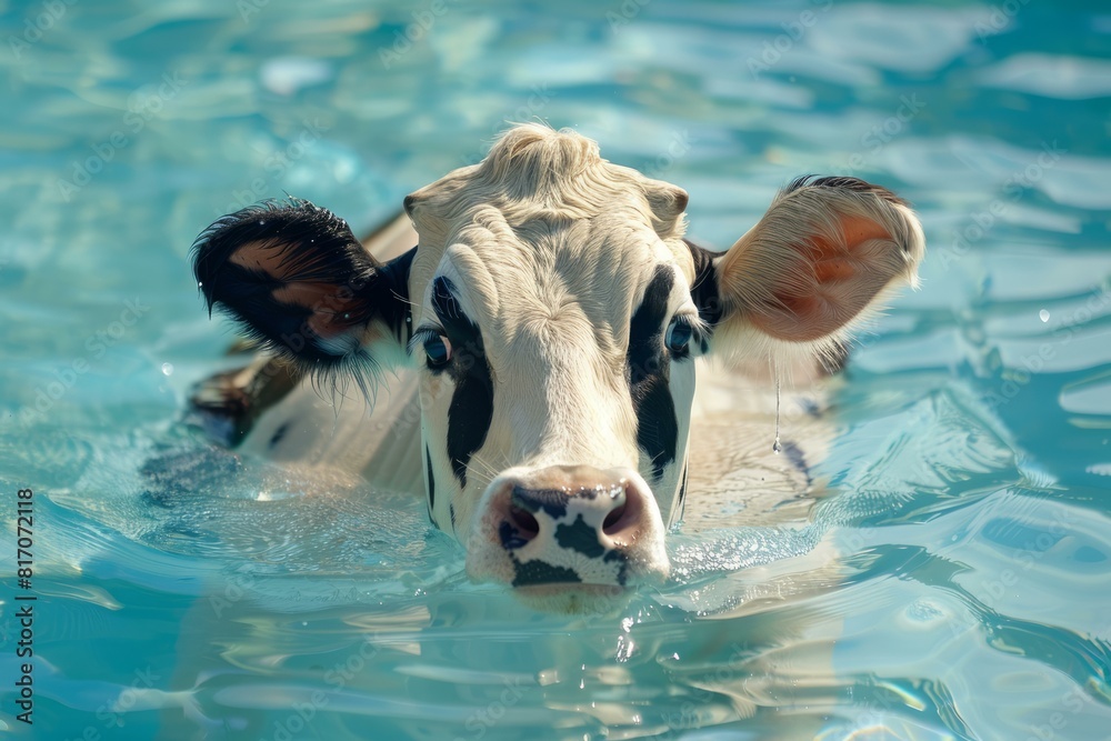 Wall mural serene cow enjoys a refreshing dip in a tranquil, sunlit pool of blue water