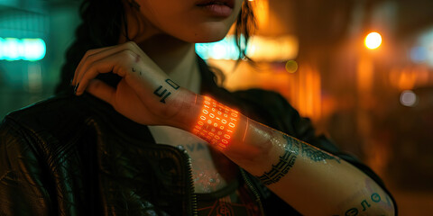 The binary code tattooed on her wrist pulses with energy, a testament to her commitment to the cyberpunk lifestyle