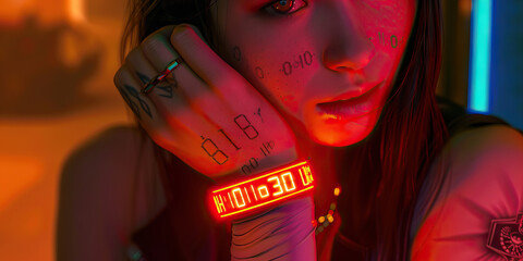 The binary code tattooed on her wrist pulses with energy, a testament to her commitment to the cyberpunk lifestyle