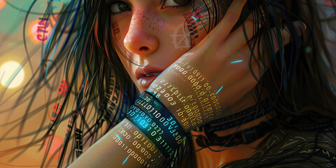 The binary code tattooed on her wrist pulses with energy, a testament to her commitment to the cyberpunk lifestyle