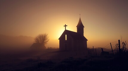 A small church stands in a rural field with cross on the roof top.
