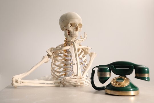 Waiting concept. Human skeleton at table with corded telephone against light grey background