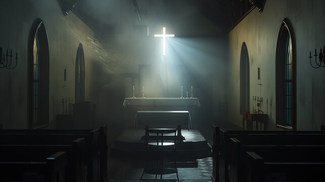 A dark and mysterious church with cross.