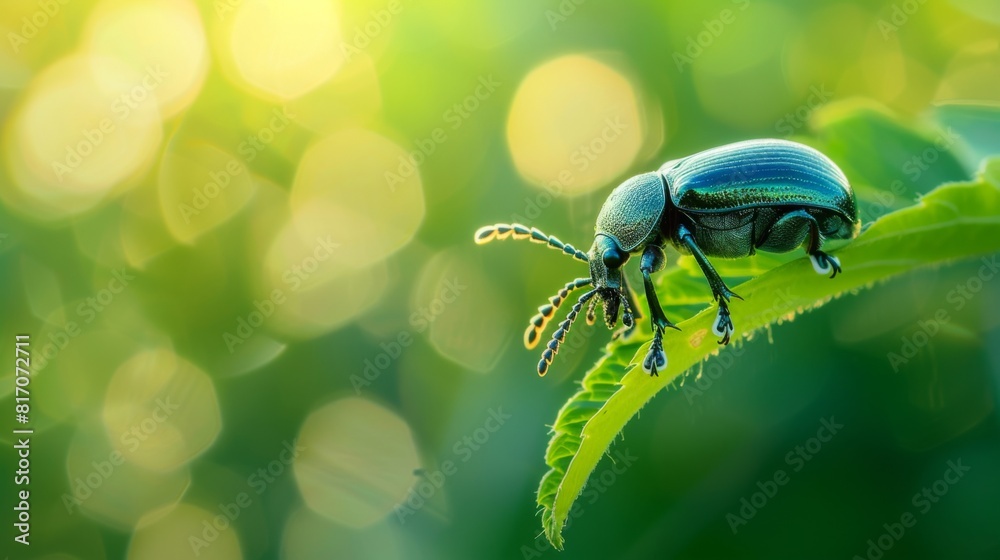 Poster beetle climbing on the edge of a leaf, its shiny exoskeleton reflecting the sunlight.