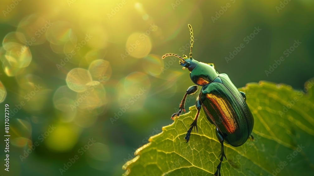 Poster beetle climbing on the edge of a leaf, its shiny exoskeleton reflecting the sunlight.