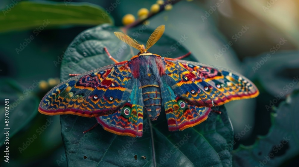 Poster brightly colored moth resting on a leaf, with detailed patterns on its wings.