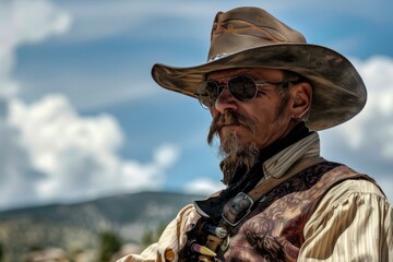 Fototapeta premium Closeup of a weathered cowboy with sunglasses and traditional attire against a cloudy sky background