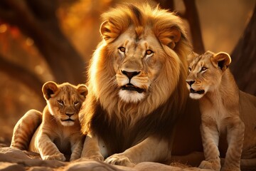 Fototapeta premium A group of lions are standing next to each other in this wildlife scene. Generative AI