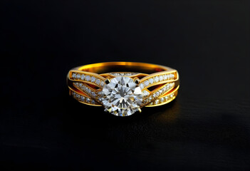 A gold wedding ring on a black background