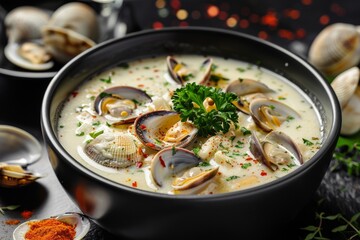 Comforting serving of seafood chowder with crusty bread and parsley