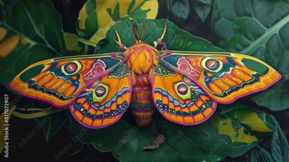 Poster brightly colored moth resting on a leaf, with detailed patterns on its wings.